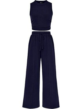Women's Navy Blue 2 Piece Outfits Ribbed Knit Lounge Sets Tracksuit Sleeveless